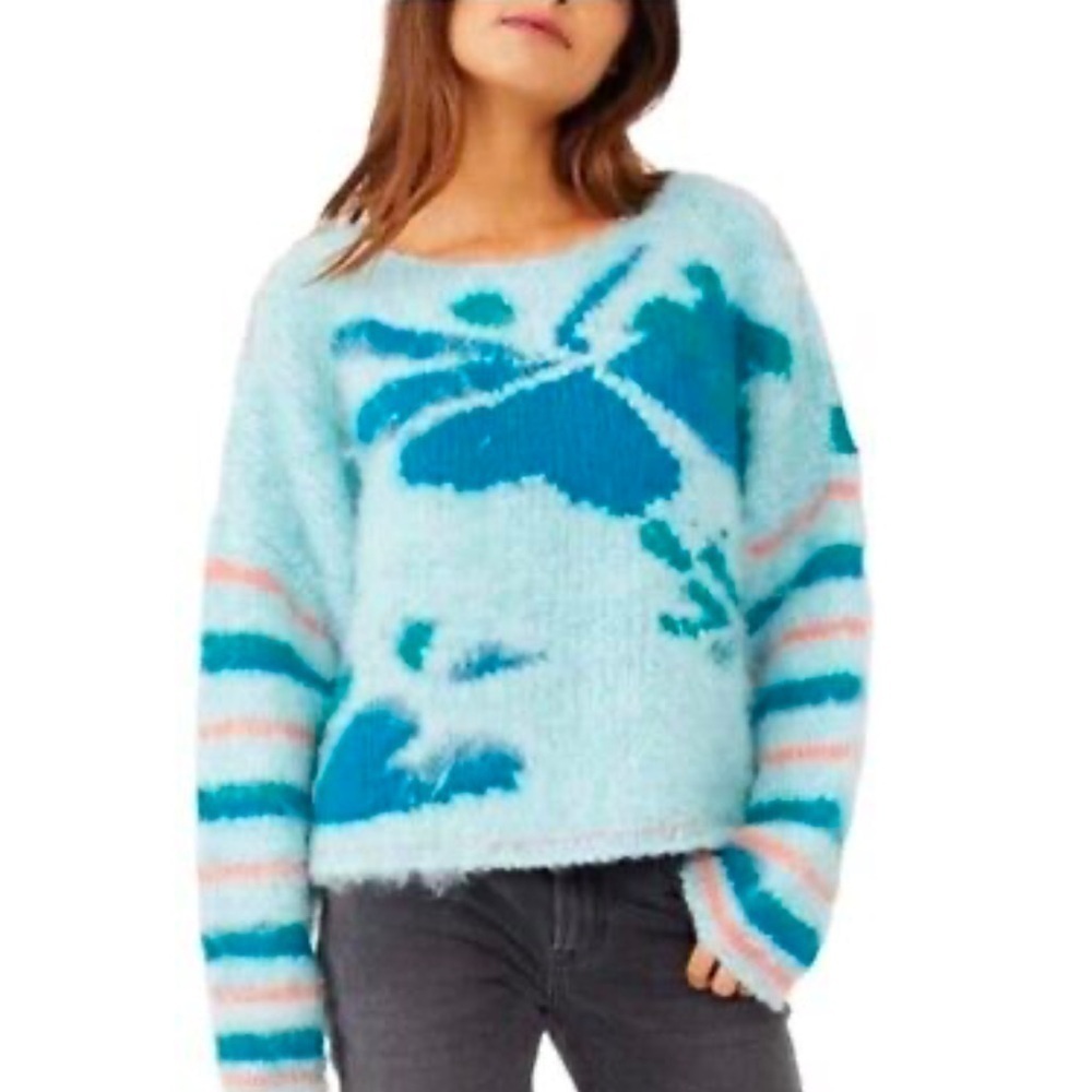 Free People Lily Wool Blend Sweater Pullover | Mosaic Sky Design | Size Medium